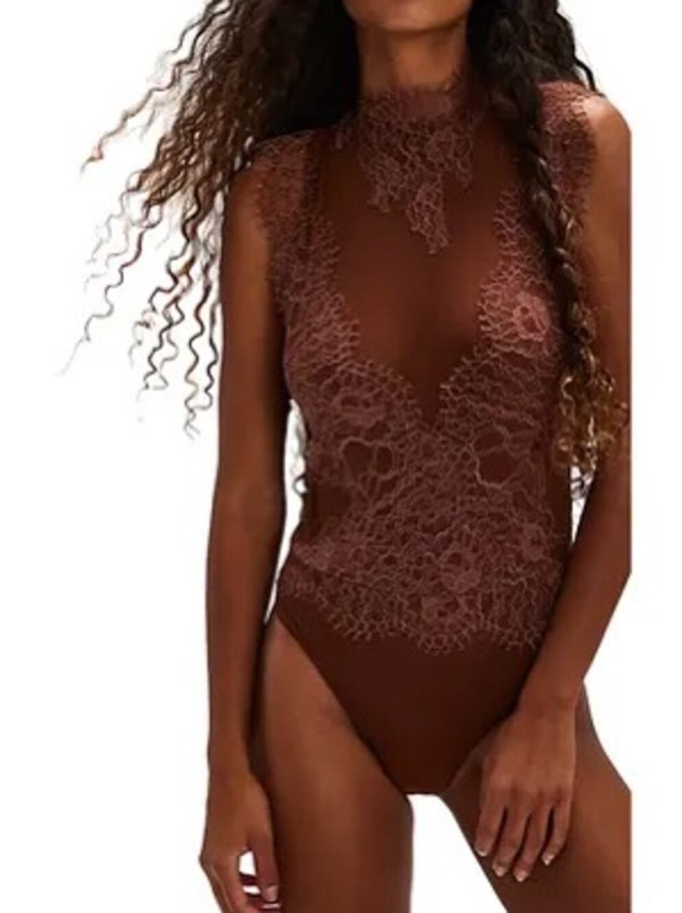 NWT Free People Brownstone Brown Lace Sheer Mesh Bodysuit Size S $78